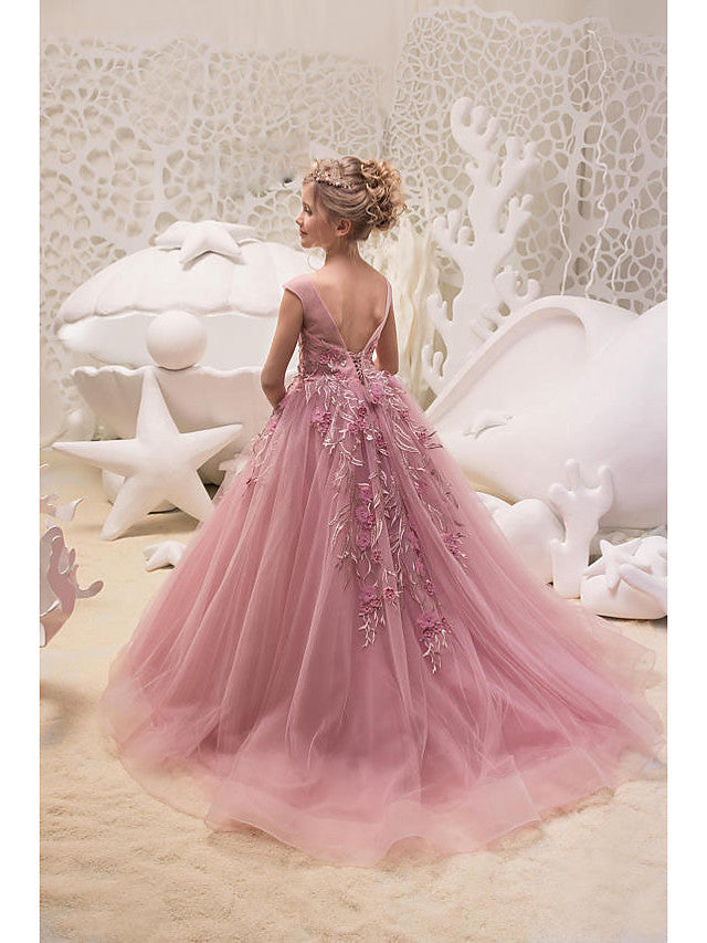 Long Ball Gown Tulle Jewel Neck Sweep Brush Train Wedding Party Flower Girl Dresses-BIZTUNNEL