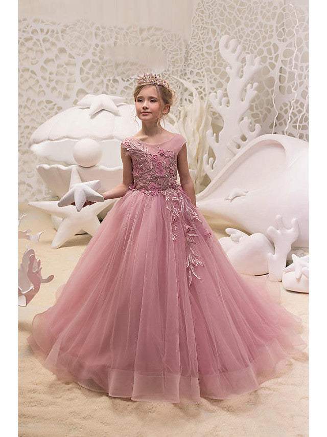 Tiered Tulle V-neck Long Flower Girl Ball Gown White