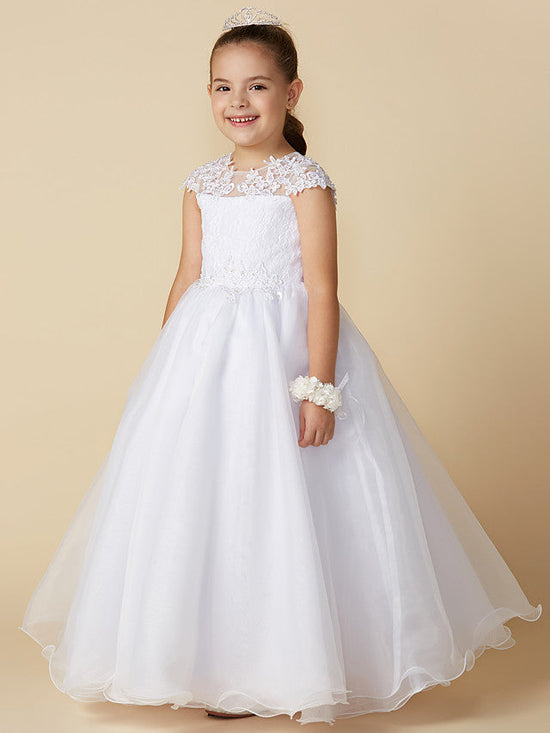 Long Ball Gown Tulle Jewel Neck Wedding First Communion Flower Girl Dresses with Sleeves-BIZTUNNEL