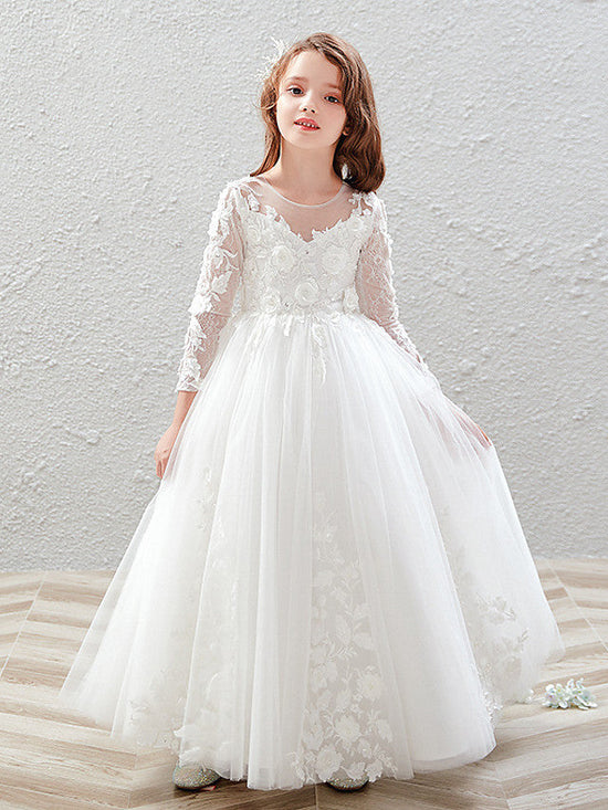 Long Ball Gown Tulle Jewel Neck Wedding Party Flower Girl Dresses with Sleeves-BIZTUNNEL