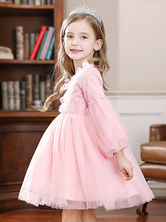 Long Ball Gown Tulle Jewel Neck Wedding Party Flower Girl Dresses with Sleeves-BIZTUNNEL