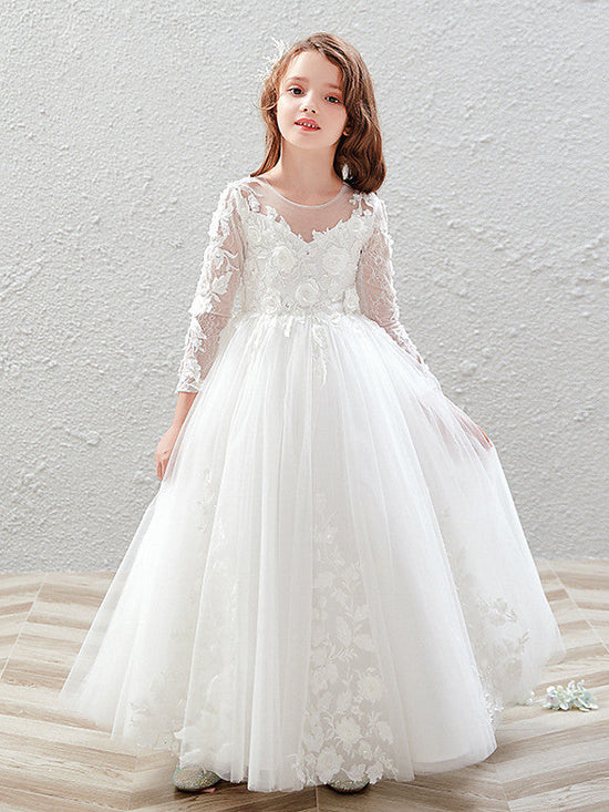 White Jewel Long Sleeve Ball Gown Flower Girl Dress with Tulle Appliques and Lace Bow main image 1