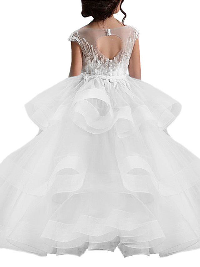 Long Ball Gown Tulle Lace Pageant Flower Girl Dresses with Sleeves-BIZTUNNEL