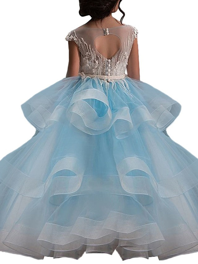 Long Ball Gown Tulle Lace Pageant Flower Girl Dresses with Sleeves-BIZTUNNEL
