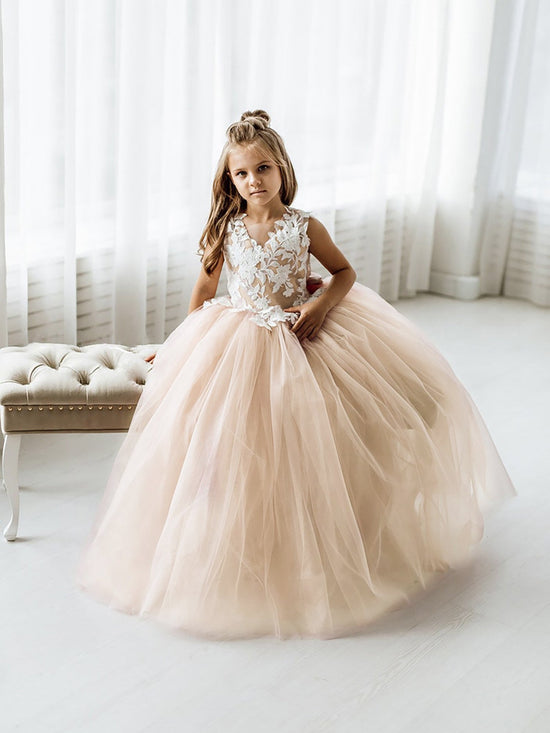 Long Ball Gown Tulle Lace Sleeveless Flower Girl Dress with Bow-BIZTUNNEL
