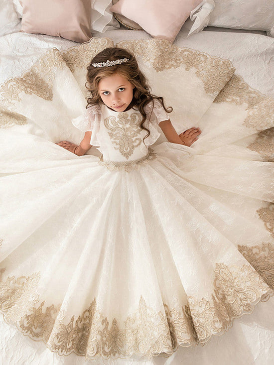 Long Ball Gown Tulle Lace Wedding Birthday Pageant Flower Girl Dresses-BIZTUNNEL