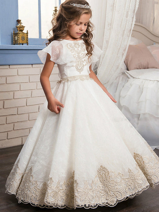 Long Ball Gown Tulle Lace Wedding Birthday Pageant Flower Girl Dresses-BIZTUNNEL