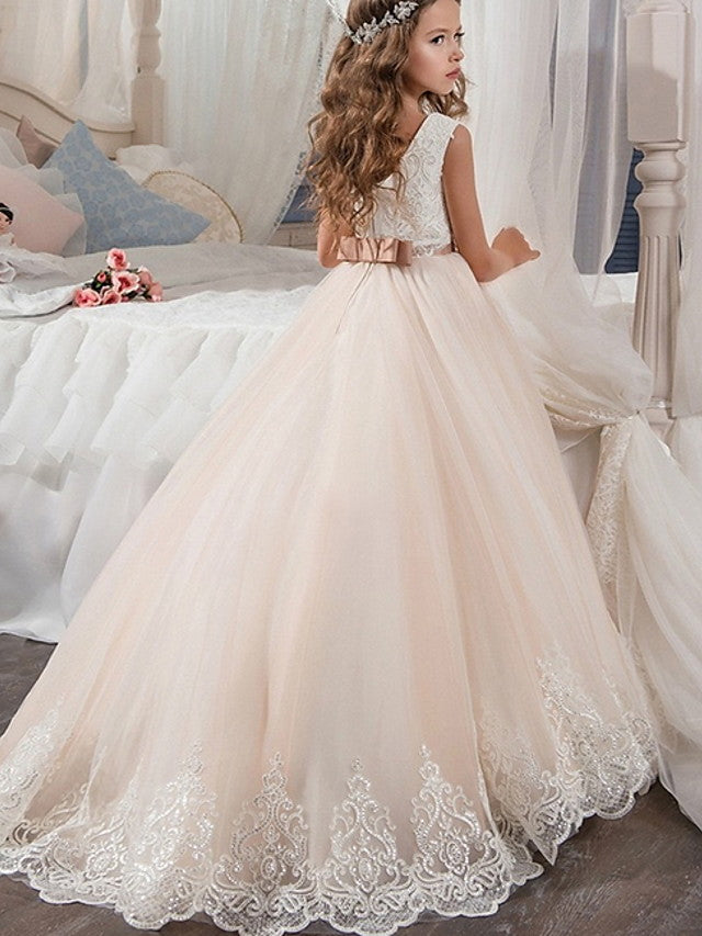 Long Ball Gown Tulle Sleeveless Jewel Neck Wedding Party Flower Girl Dresses-BIZTUNNEL