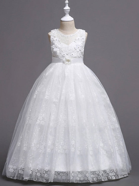 White Jewel Long Sleeve Ball Gown Flower Girl Dress with Tulle Appliques and Lace Bow main image 1