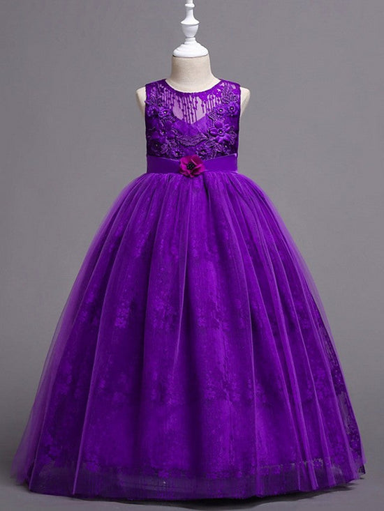 Elegant Lace Satin Tulle Long Length Sleeveless Jewel Neck Flower Girl Dress