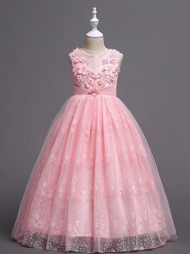 Long Ball Gown Tulle Sleeveless Jewel Neck Wedding Party Flower Girl D ...