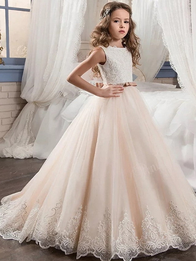 Long Ball Gown Tulle Sleeveless Jewel Neck Wedding Party Flower Girl Dresses-BIZTUNNEL