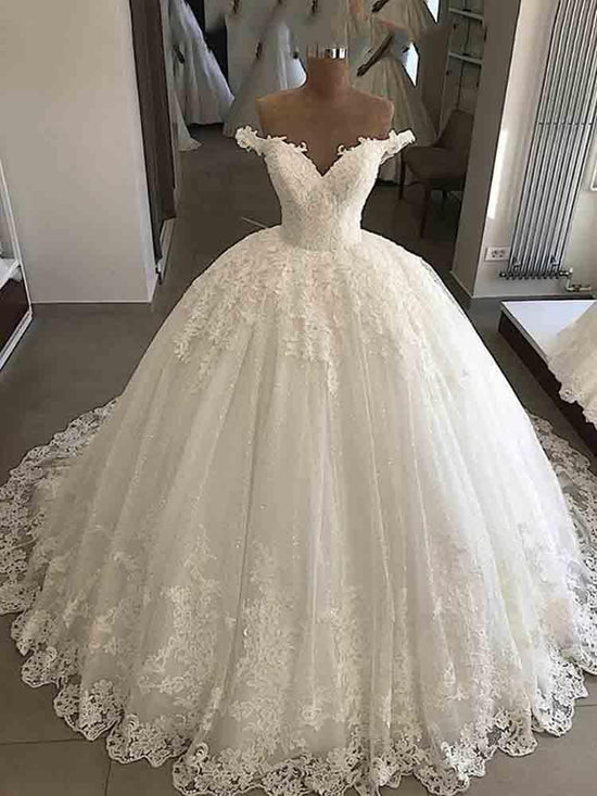 Long Ball Gown V-Neck Lace Tulle Wedding Dresses-BIZTUNNEL
