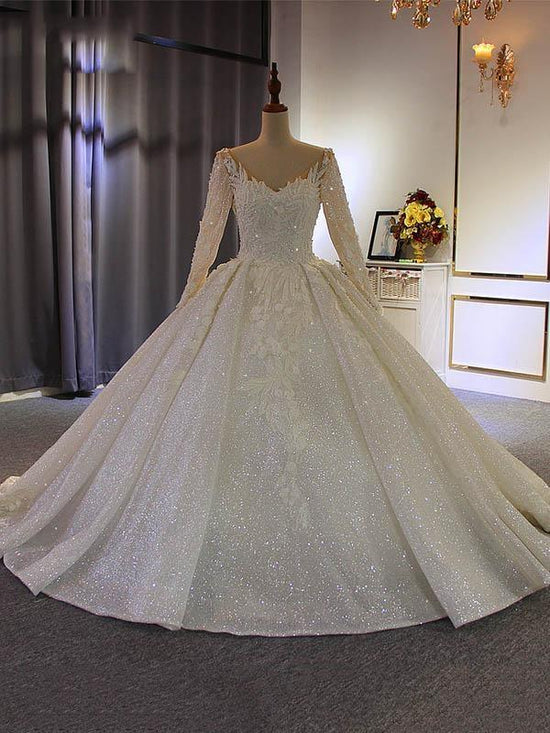 Long Ball Gown V Neck Sequins Wedding Dresses with Sleeves-BIZTUNNEL