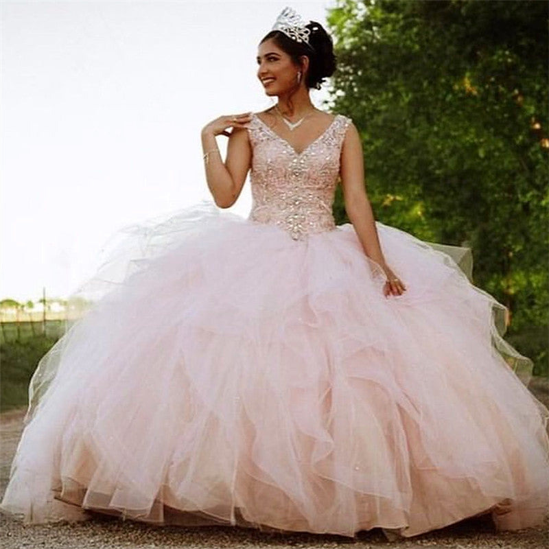 Load image into Gallery viewer, Long Ball Gown V-neck Tulle Quinceanera Dress-BIZTUNNEL
