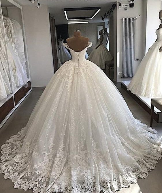 Long Ball Gowns Off-the-shoulder Lace Tulle Wedding Dresses-BIZTUNNEL