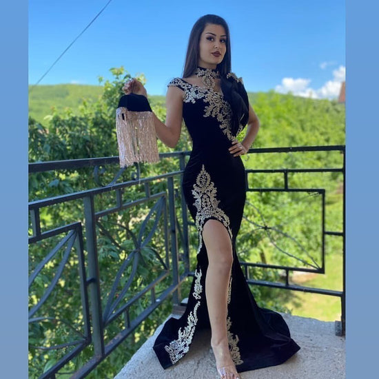 Long Black Mermaid High Neck Appliques Lace Velvet Prom Dress With Slit-BIZTUNNEL