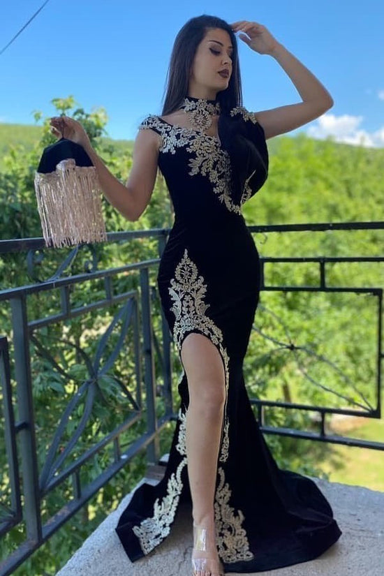 Long Black Mermaid High Neck Appliques Lace Velvet Prom Dress With Slit-BIZTUNNEL