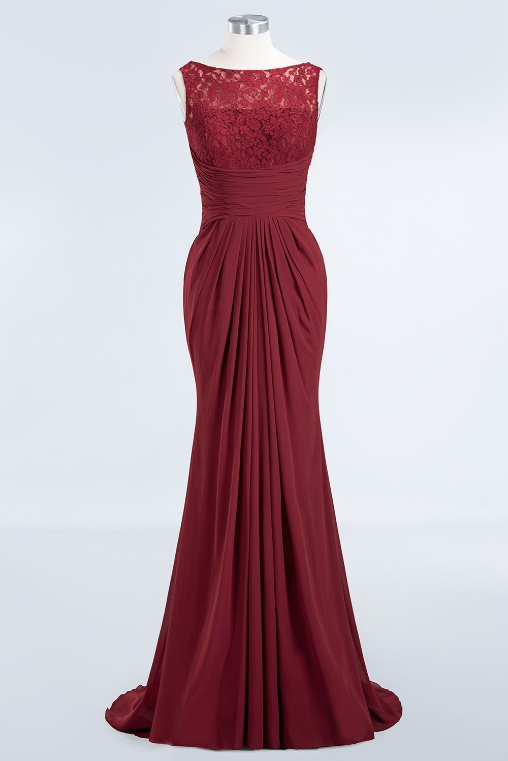 Carregar imagem no visualizador da galeria, Long Chiffon Lace Scoop A-Line Ruffles Burgundy Bridesmaid Dresses-BIZTUNNEL
