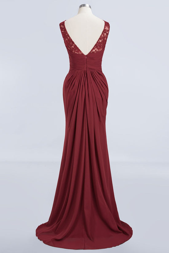 Long Chiffon Lace Scoop A-Line Ruffles Burgundy Bridesmaid Dresses-BIZTUNNEL