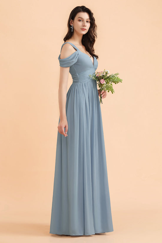 Long Chiffon Off-the-Shoulder Sweetheart Grey Blue Bridesmaid Dress With Slit-BIZTUNNEL