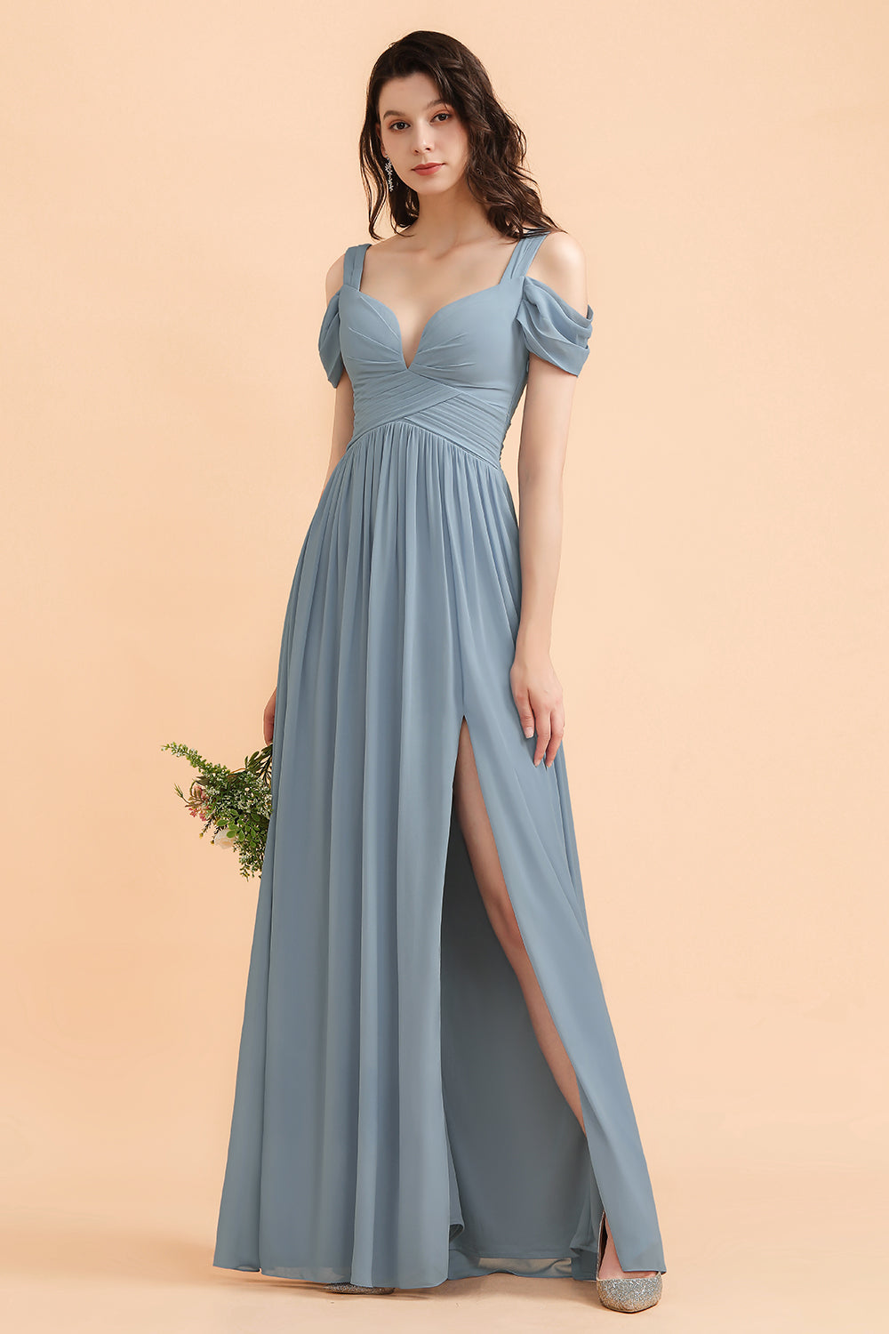Long Chiffon Off-The-Shoulder Sweetheart Grey Blue Bridesmaid Dress with Slit Long Chiffon Off-The-Shoulder Sweetheart Grey Blue Bridesmaid Dress with Slit