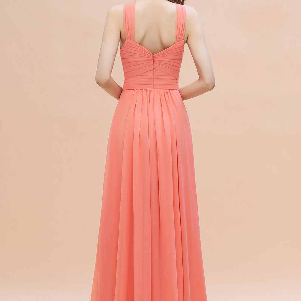 Long Coral Cross Neck Chiffon Bridesmaid Dress A-Line Wedding Guest Dress With Slit Long Coral Cross Neck Chiffon Bridesmaid Dress A-Line Wedding Guest Dress With Slit