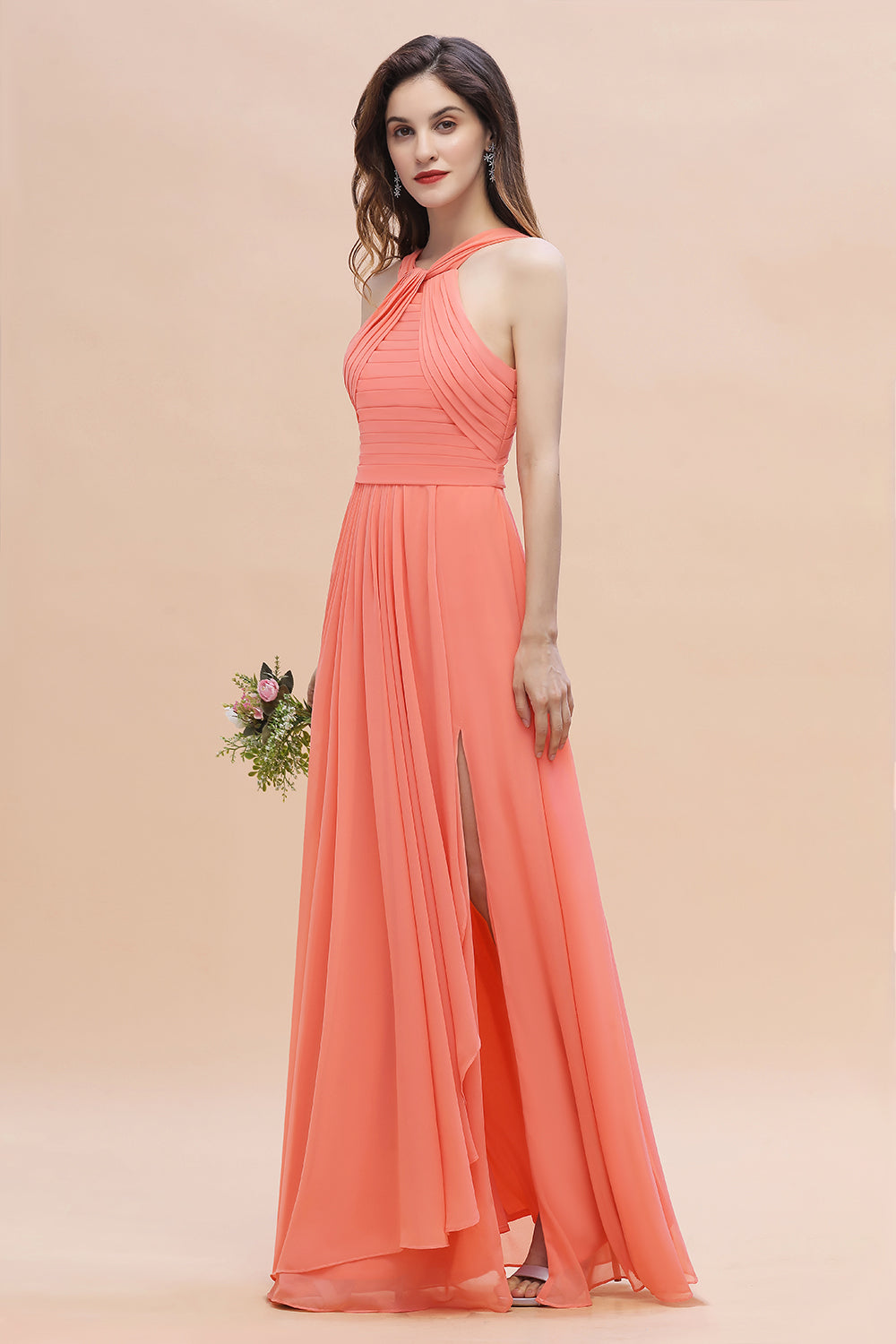 Long Coral Cross Neck Chiffon Bridesmaid Dress A-Line Wedding Guest Dr – BIZTUNNEL