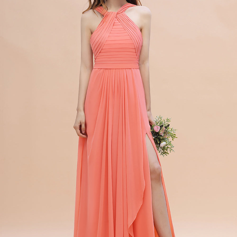 Long Coral Cross Neck Chiffon Bridesmaid Dress A-Line Wedding Guest Dress With Slit Long Coral Cross Neck Chiffon Bridesmaid Dress A-Line Wedding Guest Dress With Slit