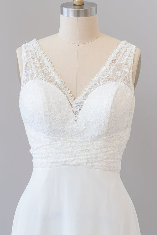 Long Empire A-line V-neck Lace Chiffon Open Back Wedding Dress-BIZTUNNEL