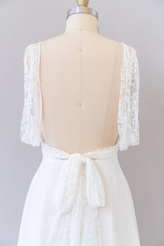 Long Empire A-line V-neck Lace Chiffon Open Back Wedding Dress-BIZTUNNEL