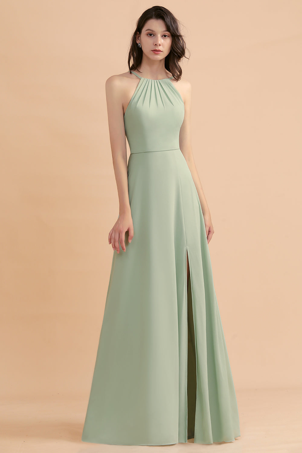 Long Halter A-Line Backless Wedding Guest Dress Simple Chiffon Bridesmaid Dress With Slit-BIZTUNNEL