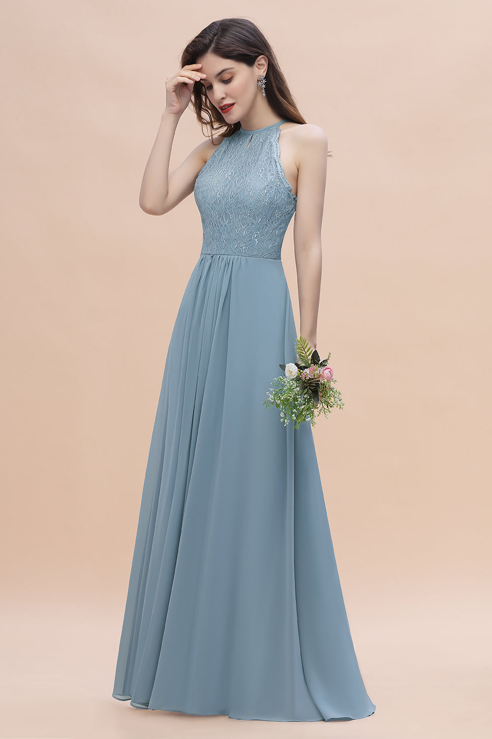 Long Halter A-Line Chiffon Bridesmaid Dress Appliques Lace With Pocket BIZTUNNEL Long Halter A-Line Chiffon Bridesmaid Dress Appliques Lace With Pocket BIZTUNNEL