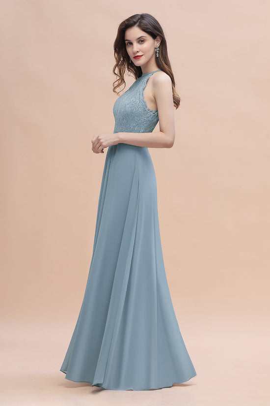 Long Halter A-Line Chiffon Bridesmaid Dress Appliques Lace With Pockets-BIZTUNNEL