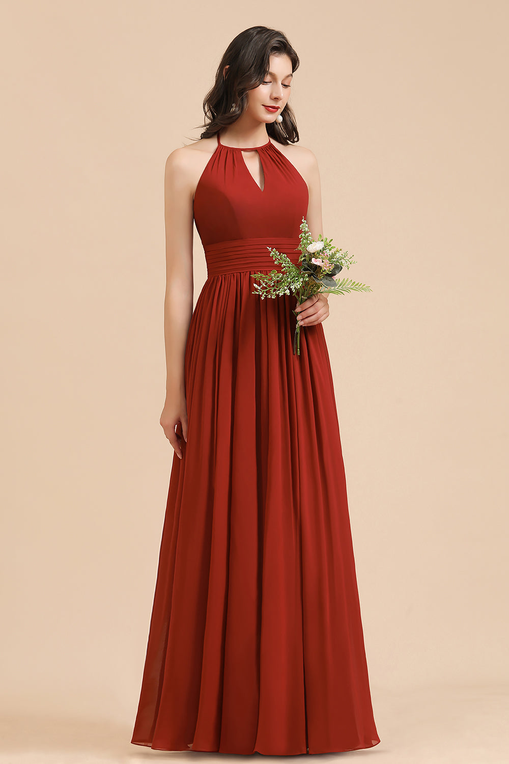Carregar imagem no visualizador da galeria, Long Halter A-line Pleated Chiffon Bridesmaid Dress-BIZTUNNEL
