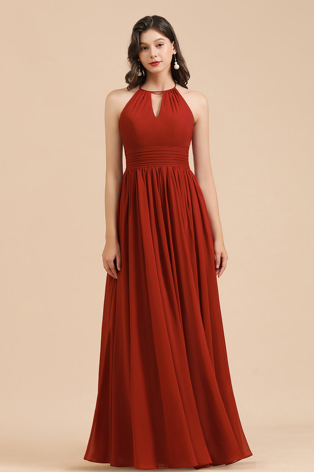 Carregar imagem no visualizador da galeria, Long Halter A-line Pleated Chiffon Bridesmaid Dress-BIZTUNNEL
