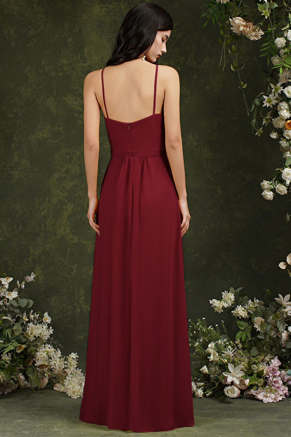 Load image into Gallery viewer, Long Halter Spaghetti Straps A-line Chiffon Bridesmaid Dress With Slit-BIZTUNNEL
