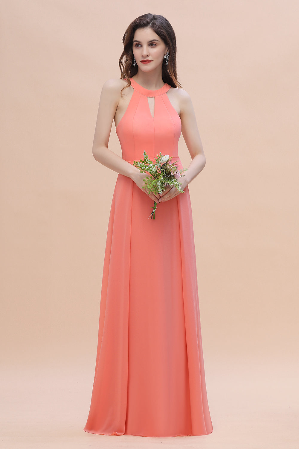 Long Halter Wedding Guest Dress Charming A-Line Chiffon Bridesmaid Dress-BIZTUNNEL