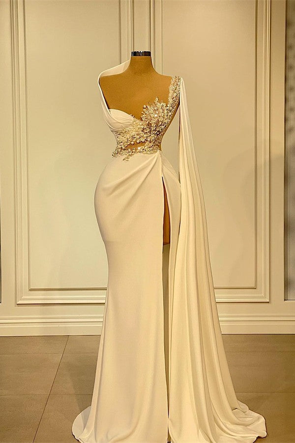 Gorgeous Long Mermaid Asymmetrical Satin Lace Front Slit Prom Dress with Sleeves