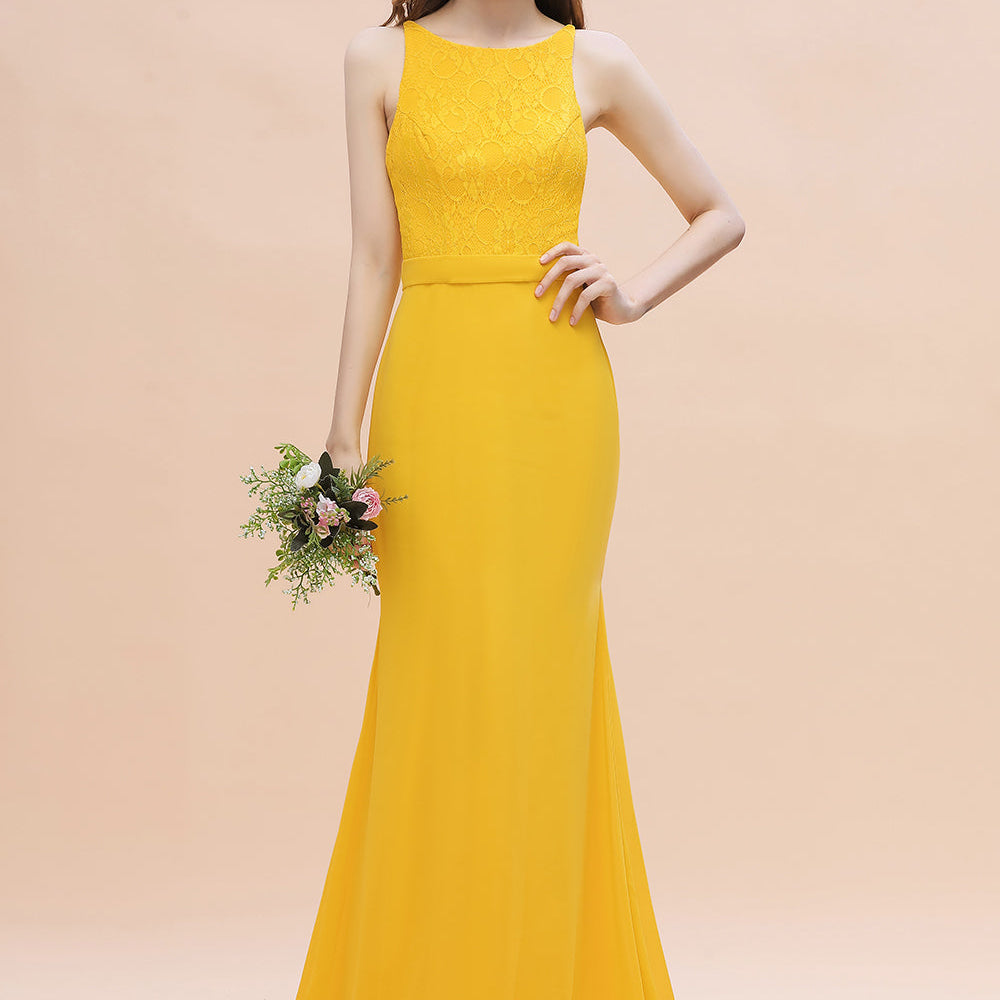 Long Mermaid Backless Bridesmaid Dress Chic Yellow Wedding Guest Dress