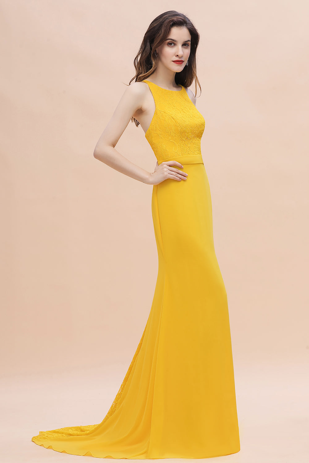 Load image into Gallery viewer, Long Mermaid Backless Bridesmaid Dress Chic Yellow Wedding Guest Dress-BIZTUNNEL
