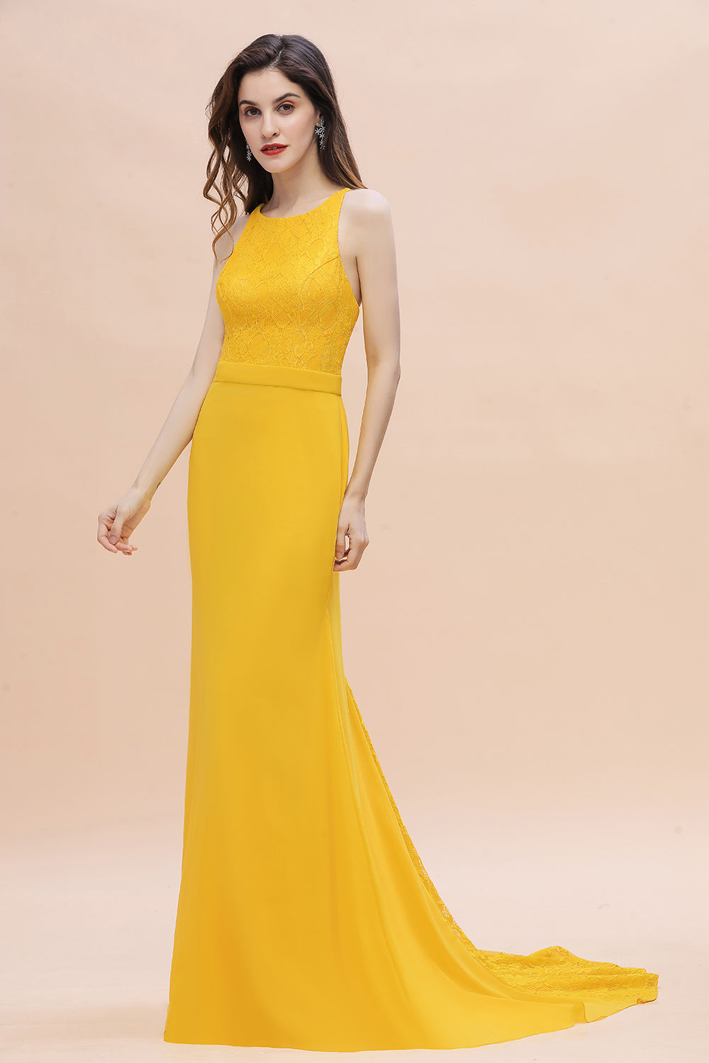 Long Mermaid Backless Bridesmaid Dress Chic Yellow Wedding Guest Dress