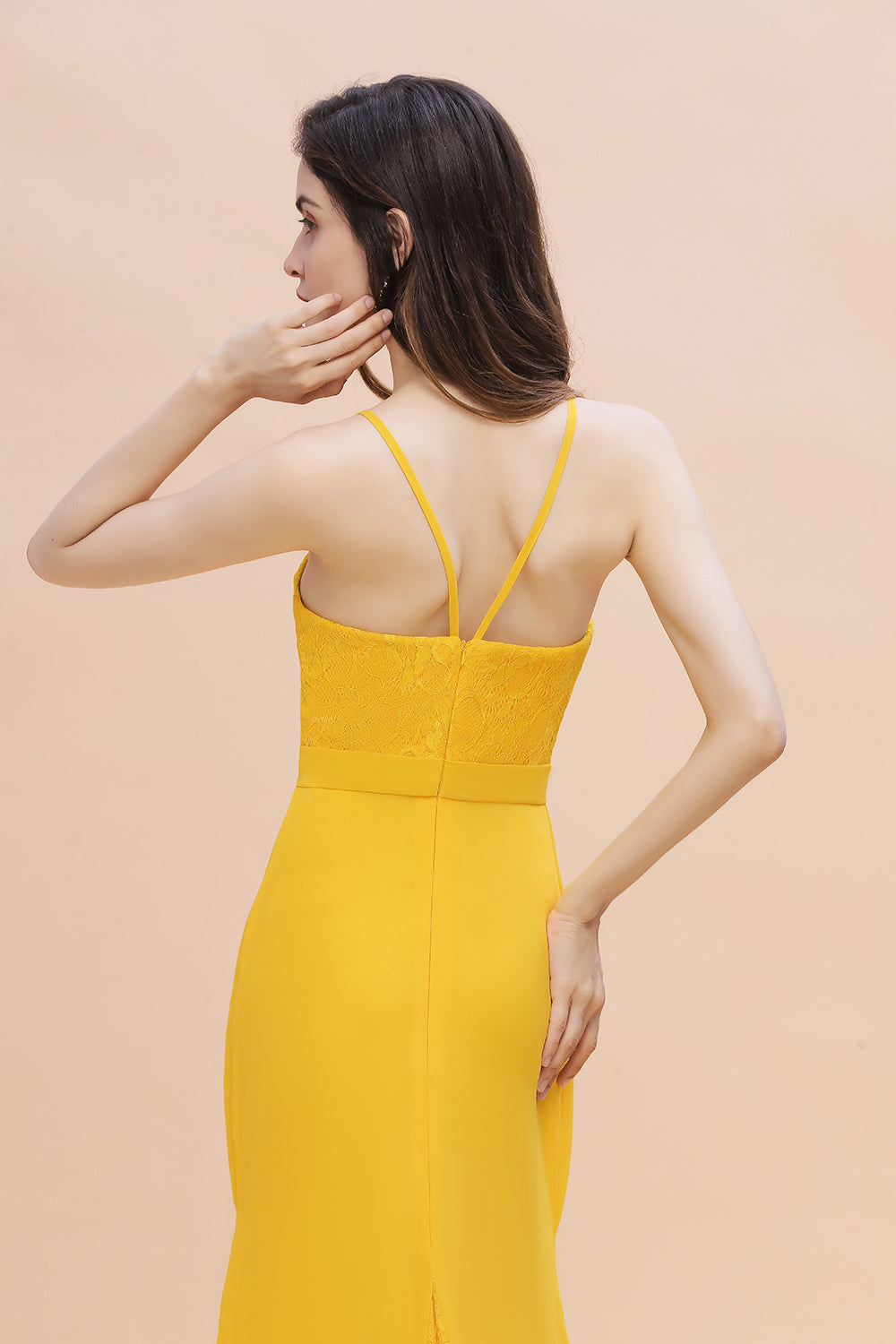 Long Mermaid Backless Bridesmaid Dress Chic Yellow Wedding Guest Dress