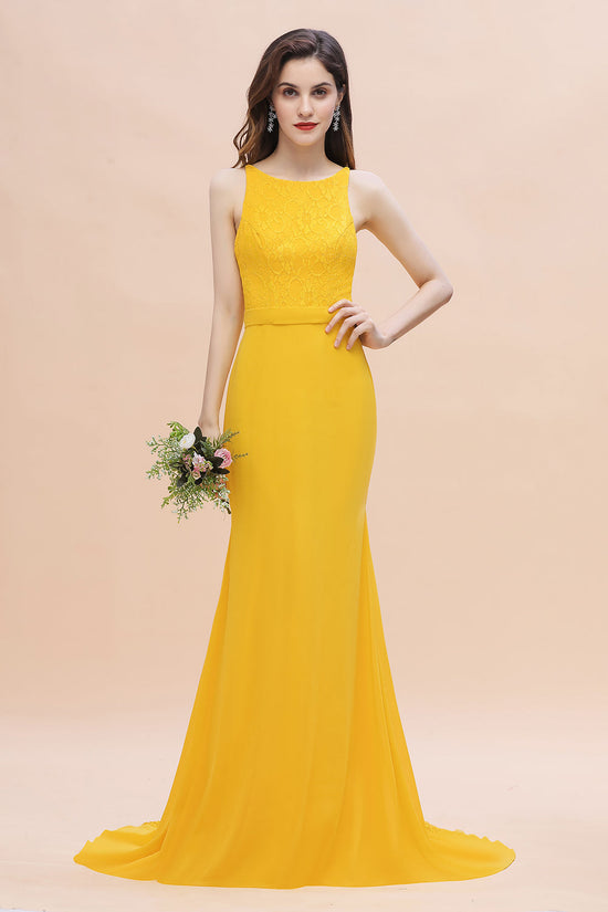 Long Mermaid Backless Bridesmaid Dress Chic Yellow Wedding Guest Dress-BIZTUNNEL