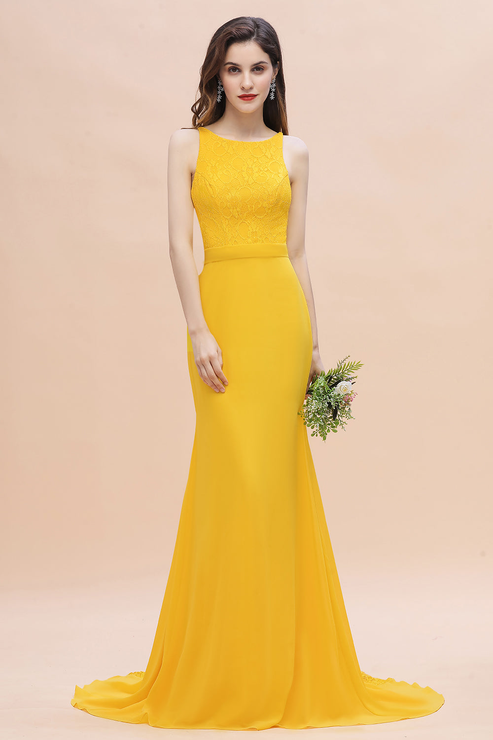 Long Mermaid Backless Bridesmaid Dress Chic Yellow Wedding Guest Dress-BIZTUNNEL
