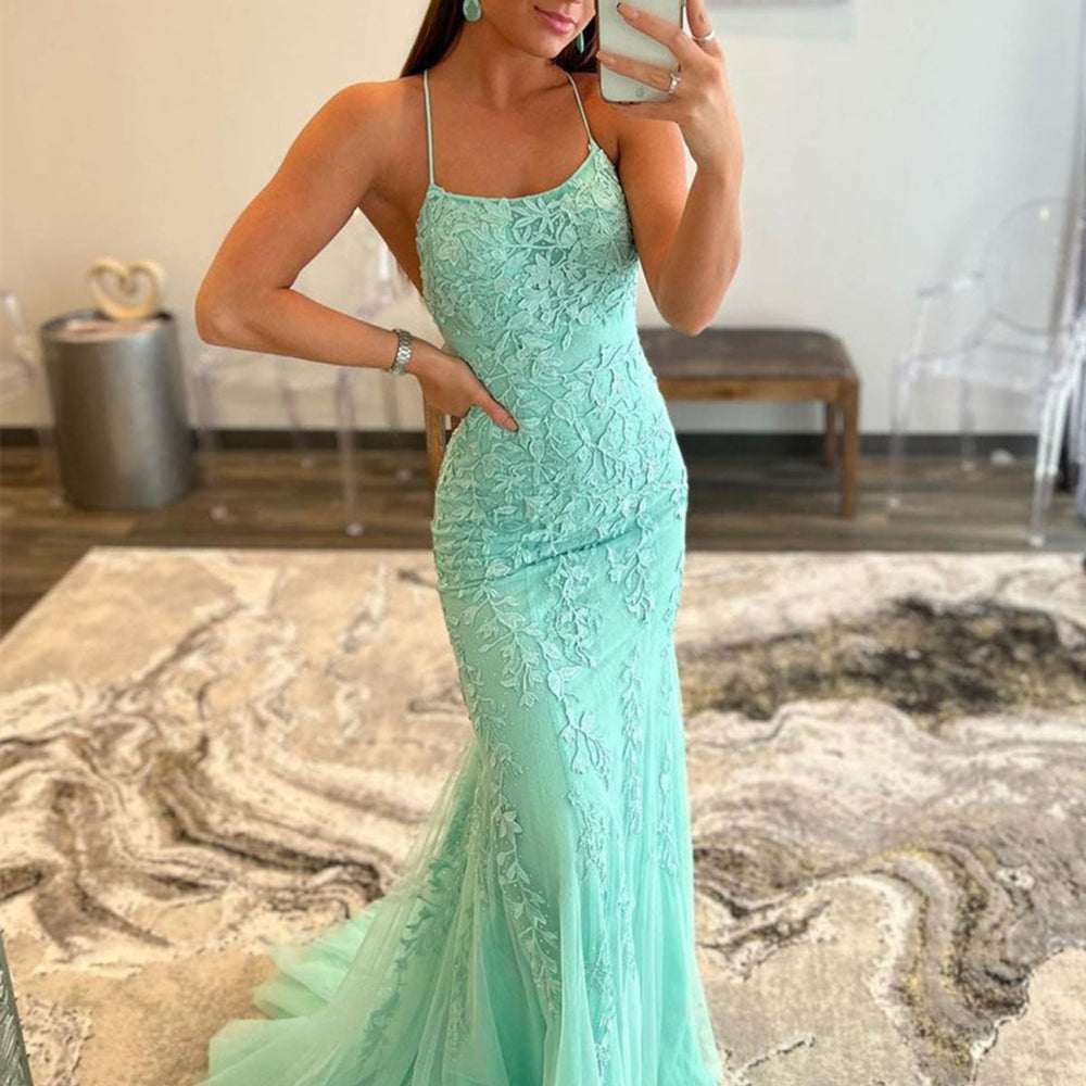 Long Mermaid Backless Lace Prom Dress Mint Green Backless Formal Evening Gowns Long Mermaid Backless Lace Prom Dress Mint Green Backless Formal Evening Gowns