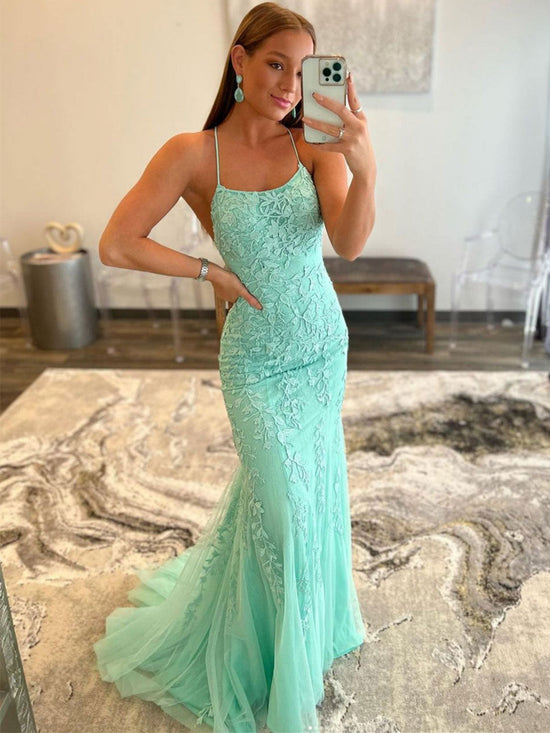 Long Mermaid Backless Lace Prom Dress Mint Green Backless Formal Evening Gowns-BIZTUNNEL