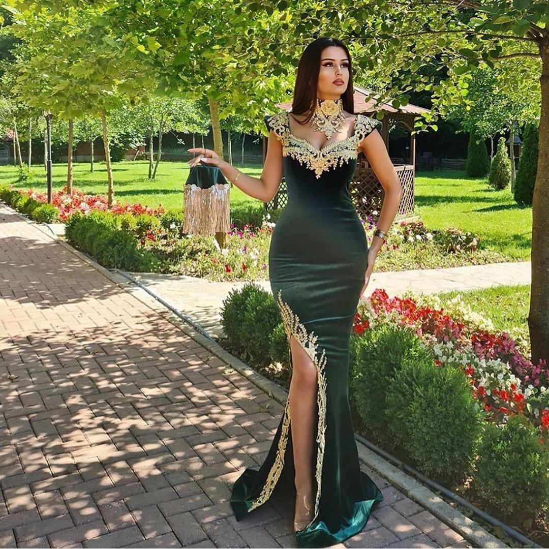 Long Mermaid Dark Green Evening Dresses with Gold Lace appliques-BIZTUNNEL