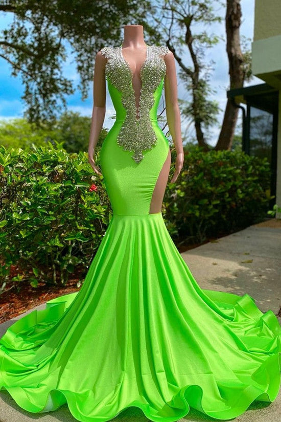 Long Mermaid Deep Sequined V-neck Stretch Satin Backless Prom Dress with Appliques-BIZTUNNEL
