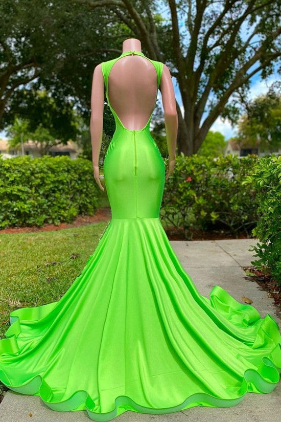 Long Mermaid Deep Sequined V-neck Stretch Satin Backless Prom Dress with Appliques-BIZTUNNEL